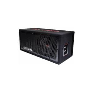 CD Audio powered speaker cabinet with black carpeted covering, front hex grille, single woofer, and side input panel.