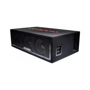 QD Audio bass amplifier/subwoofer enclosure with three front fans behind a honeycomb mesh grille.