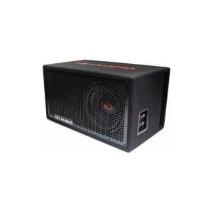 Black powered subwoofer with hexagonal front grille, red AUDIO branding, and side input panel.