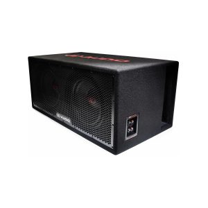 QD Audio subwoofer with dual large drivers behind a honeycomb front grille, black carpeted cabinet, and side binding-post panel