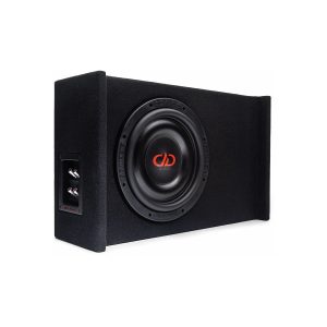 DD Audio SL600 12-inch subwoofer in a black carpeted enclosure with dual binding posts.