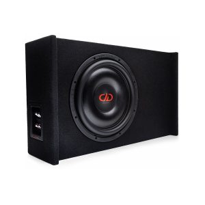 DD Audio SL600 subwoofer in a black carpeted enclosure with side terminal plate