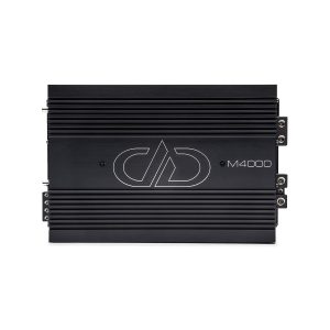 CD brand car audio power amplifier M4000 with black aluminum heatsink.