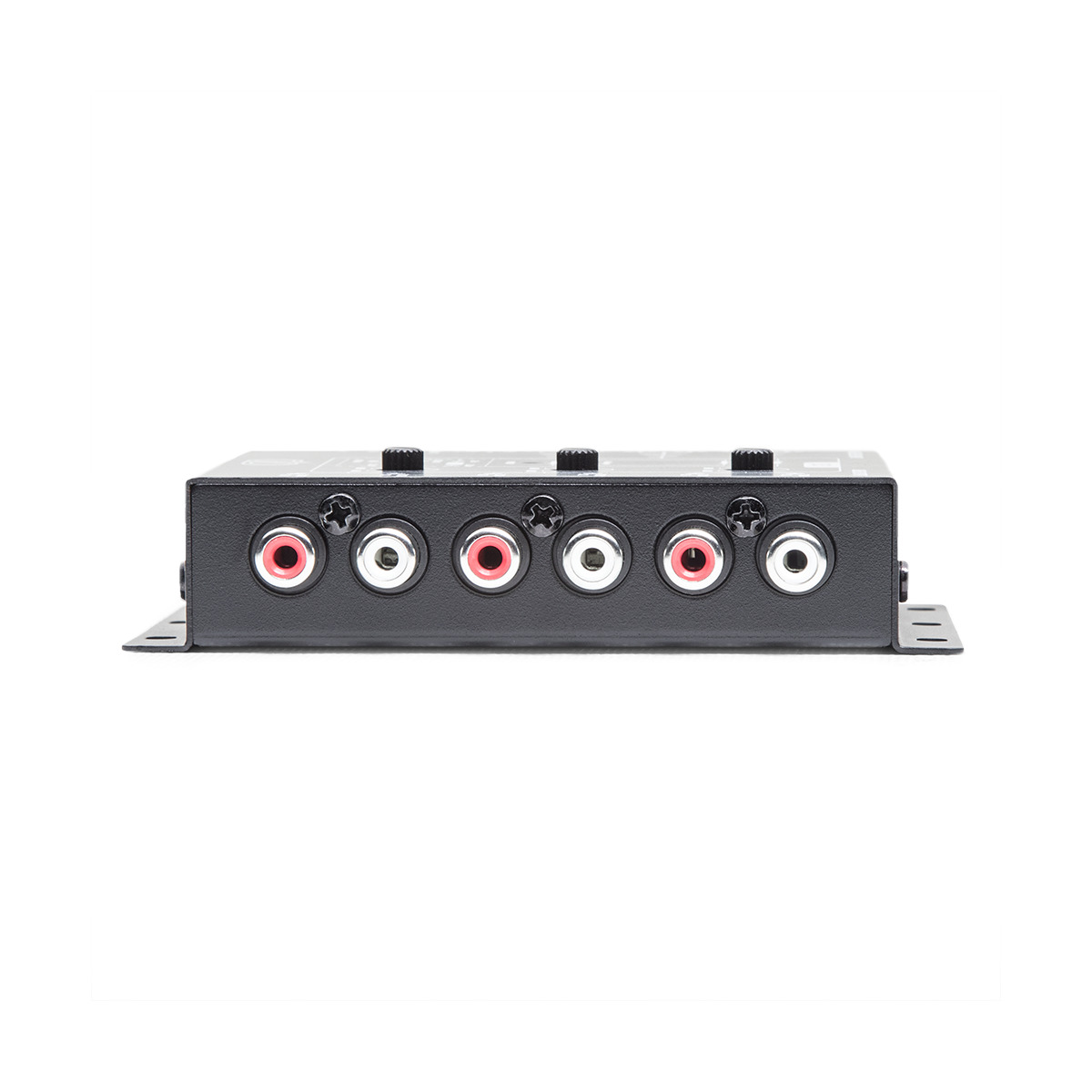 Dd Audio Sc6A Black metal rca audio switch box with six rca jacks (three stereo pairs) and three control knobs, with mounting flanges.