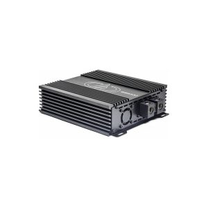Black automotive amplifier with large ribbed heatsink fins, side terminal block, and built-in cooling fan.