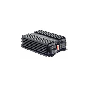 Black aluminum automotive power amplifier with ribbed heatsink, screw-terminal blocks, red fuse, and mounting flanges.