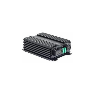 Black aluminum heatsinked audio power amplifier with green terminal blocks and screw terminals.
