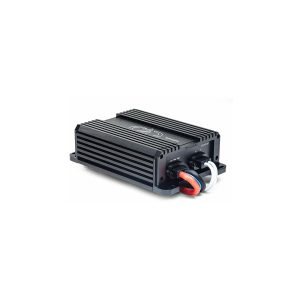 Car audio amplifier with a black extruded aluminum heatsink, front terminal blocks, and red, blue, and white power cables.