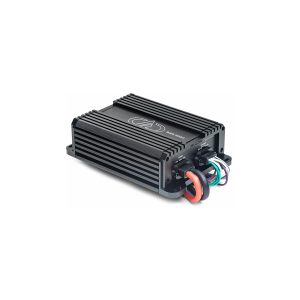 Black aluminum car audio amplifier with ribbed heatsink and multi-colored power and speaker cables.