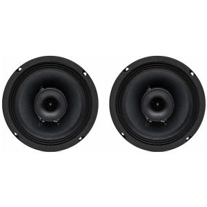 Pair of black round speaker drivers with mounting holes, showing large cones and central dust caps.