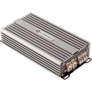 Industrial power amplifier module with finned aluminum heat sink and multiple terminal blocks for power and speaker connections.