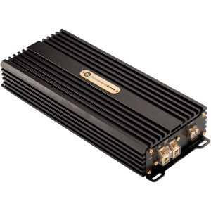 Black anodized car audio amplifier with finned heatsink, gold nameplate, and screw terminals for power and speaker connections.