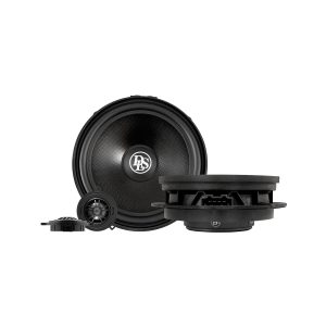 DS-brand car audio woofer with a large black cone and surrounding components, including a small tweeter and mounting hardware.