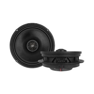 Pair of black car speakers with front woofer cones and rear connectors.