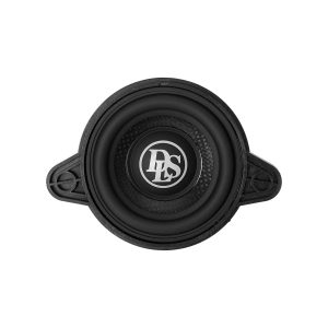 DS-branded round car speaker with black rubber surround, center logo cap, and side mounting tabs.
