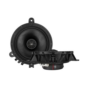 Round black car speaker with a textured cone and mounting frame.