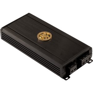 Black aluminum monoblock car amplifier with heat-sink fins and a gold circular logo on top, rear terminal block.