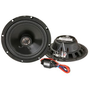 DLS M28 car audio component speaker pair with black woofer cones and wiring harness.