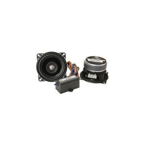 Car audio speaker kit with round woofer, back magnet, and wired crossover module.