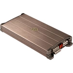 Copper-brushed car amplifier with finned heatsink and multi-terminal block including orange fuses.