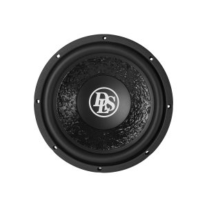 DLS subwoofer driver with textured black cone and circular logo dust cap, six screw holes for mounting