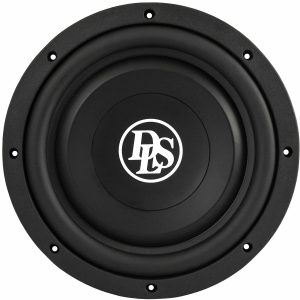 DS brand round subwoofer speaker with black cone, circular dust cap featuring white DS logo, and six mounting holes.