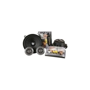DS car audio component speaker kit with 6.5-inch woofer, two tweeters, and inline crossovers