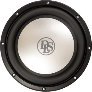DS subwoofer driver with silver metal cone, black surround, and six-screw mounting frame.