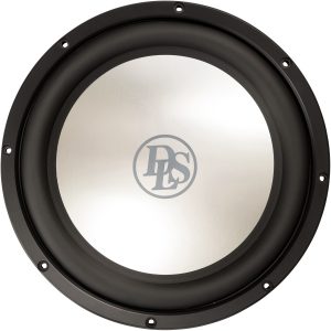 DLS subwoofer driver featuring a black rubber surround, brushed metal dust cap, and the DLS logo.