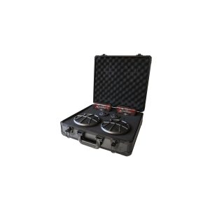Hard black case with foam lining containing two round speakers with metal grilles.