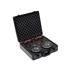 Hard-shell carrying case opened to reveal a compact dual-speaker audio system with two large metal-grille speakers and foam padding.