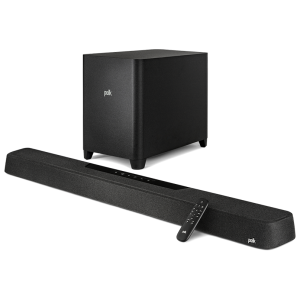Polk brand soundbar with wireless subwoofer and remote.