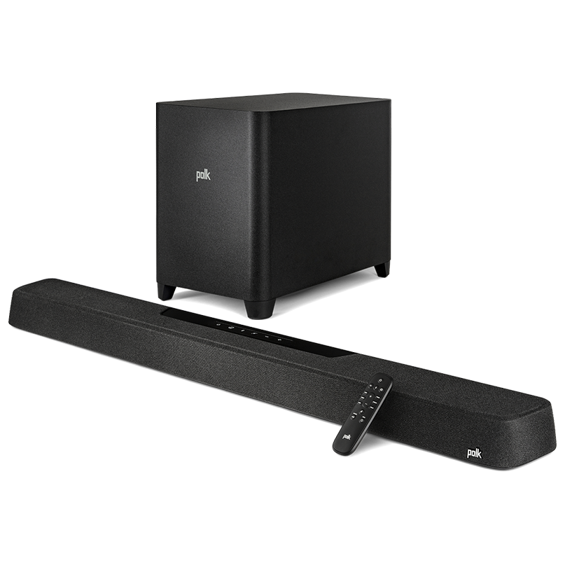 Polk Magnifi Max Ax Polk brand soundbar with wireless subwoofer and remote.