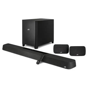 Polk soundbar system with subwoofer and two compact satellite speakers, black fabric finish, remote control.
