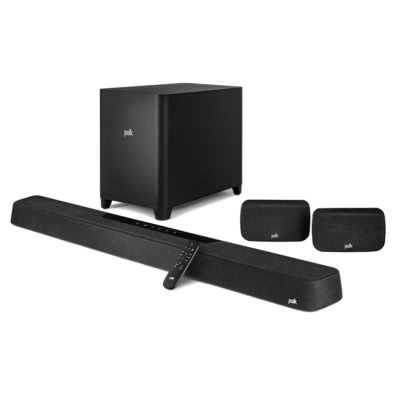 Polk Magnifi Max Ax Sr Polk soundbar system with subwoofer and two compact satellite speakers, black fabric finish, remote control.