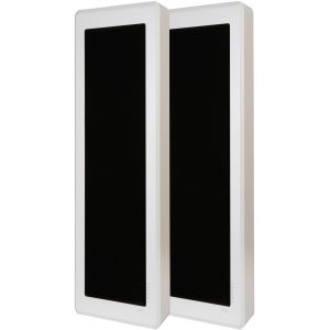 Pair of tall white-framed speakers with black front panels, branded DLS Sweden.