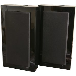Two black glossy DLS Sweden loudspeakers with fabric-covered grilles