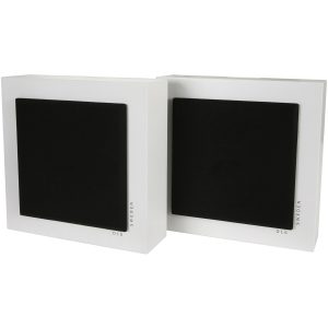Pair of white DLS Sweden speakers with black fabric grilles.