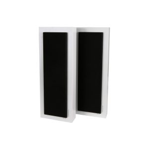 Pair of white rectangular DLS Sweden speakers with black fabric front panels.