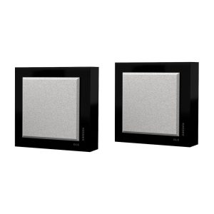 Pair of black square acoustic panels with silver fabric centers, branded DLS Sweden.