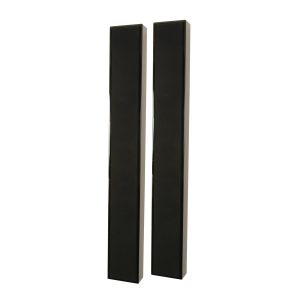 Pair of tall black floor-standing speakers with slim rectangular cabinets.
