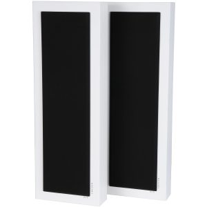 DLS Sweden white floor-standing loudspeakers with black front panels.