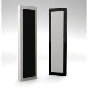 Two tall freestanding acoustic panels with white frame and black fabric, and black frame with light grey fabric, DLS Sweden.