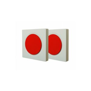 Pair of white square wall switches featuring large red circular push buttons.