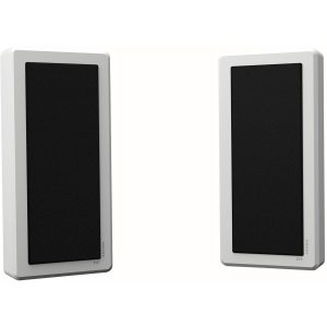 Pair of white DLS Sweden bookshelf speakers with black fabric grilles.