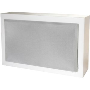 DLS Sweden speaker with a white rectangular frame and gray fabric grille.