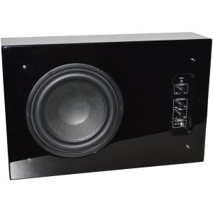 Black rectangular speaker with a large front woofer and right-side panel featuring power, volume, frequency, and bass controls.