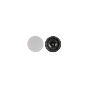 Round speaker with white perforated grille and black driver shown separately.