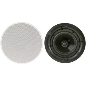 Pair of round ceiling speakers with perforated grille and black woofer.