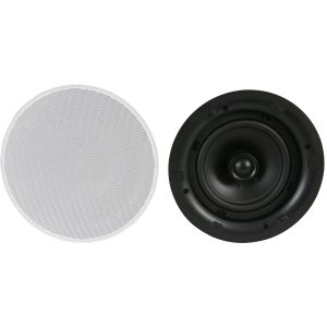 Round in-ceiling speaker with white perforated grille and black woofer, no brand visible.
